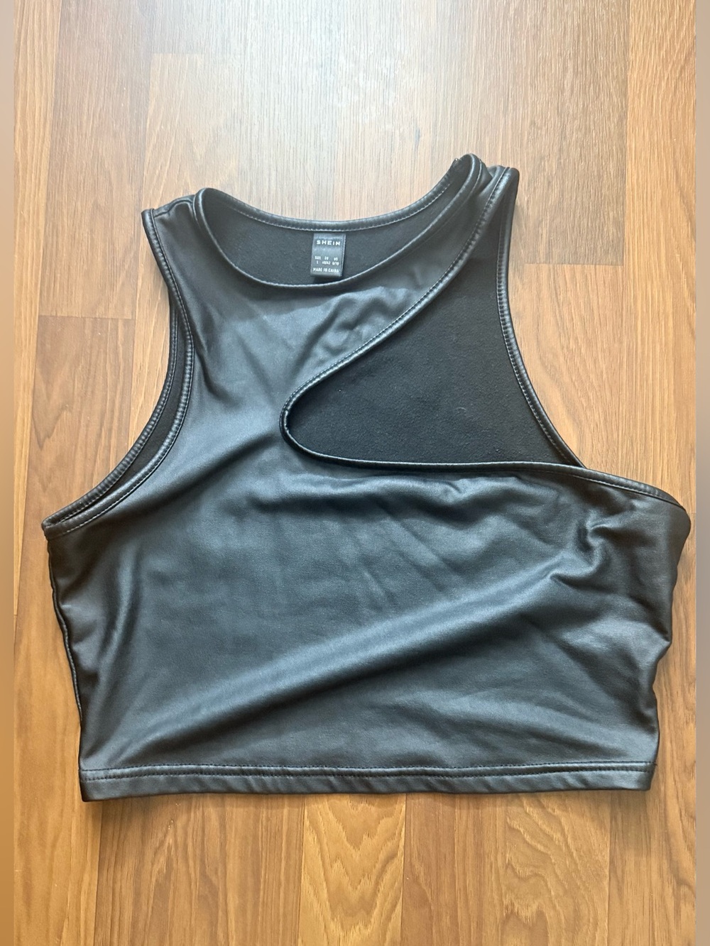 SHEIN Black Faux Leather Asymmetric Cutout Crop Top